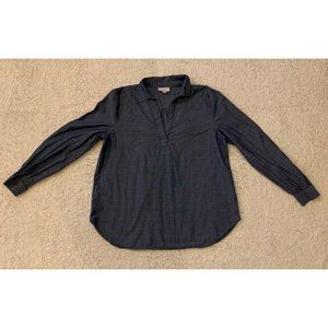 LOFT Womens Shirt Blue Split V-Neck Long Sleeve